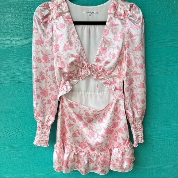 TULAROSA PINK & WHITE FLORAL SATIN RUFFLE MIDRIFF CUTOUT MINI DRESS SZ SMALL EUC - Picture 1 of 5